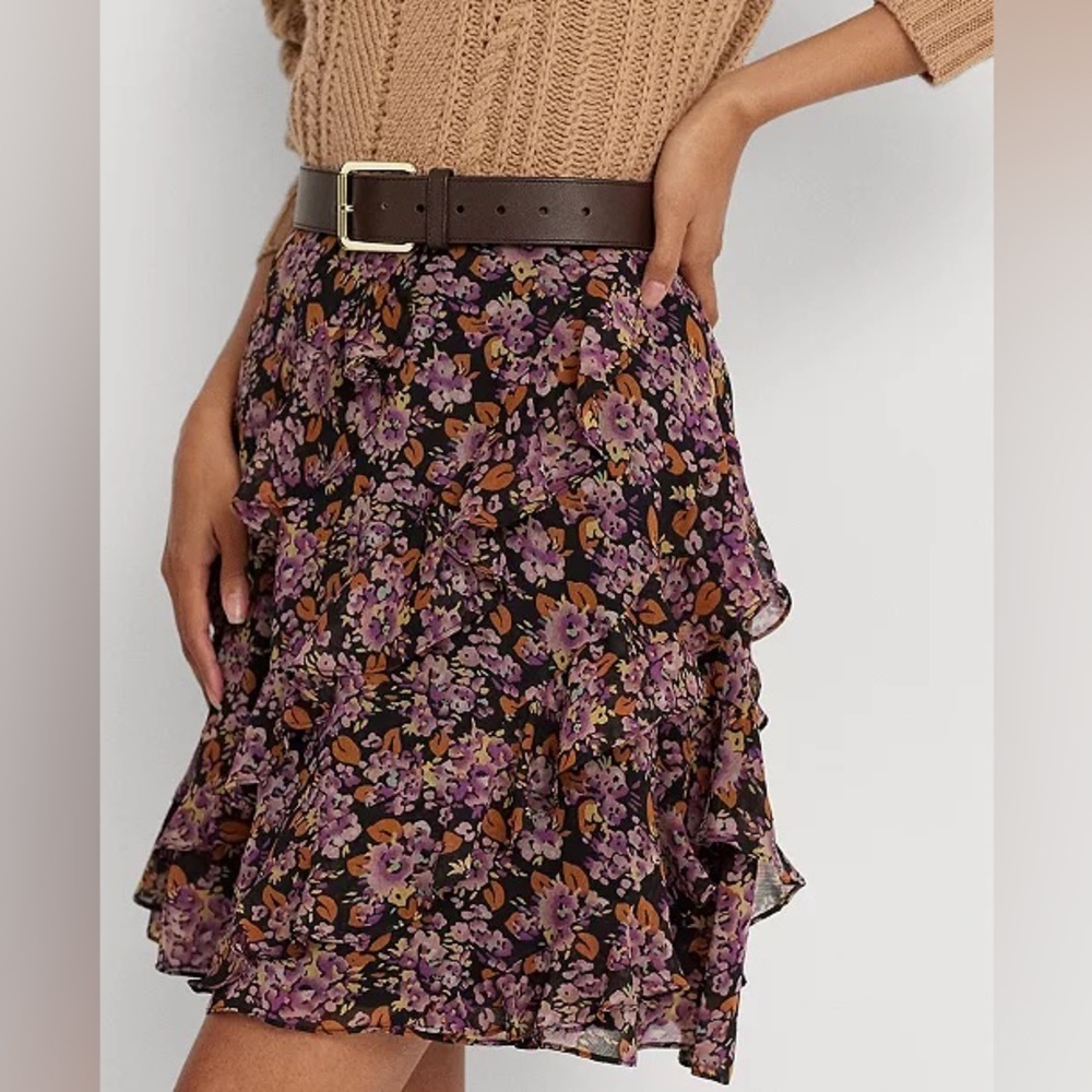 Lauren Ralph Lauren Floral Ruffle Trim Georgette Skirt Size 14 Mini A Line